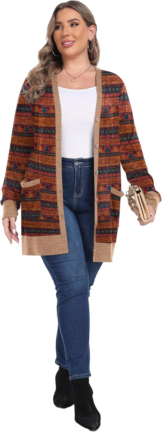 OLRIK Plus Size Sweater for Women Lightweight Long Sleeve Buttons Down Cardigans Casual Jacket Coat with Pockets