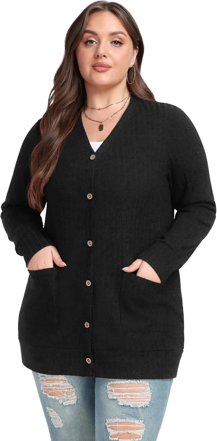 OLRIK Plus Size Sweater for Women Lightweight Long Sleeve Buttons Down Cardigans Casual Jacket Coat with Pockets