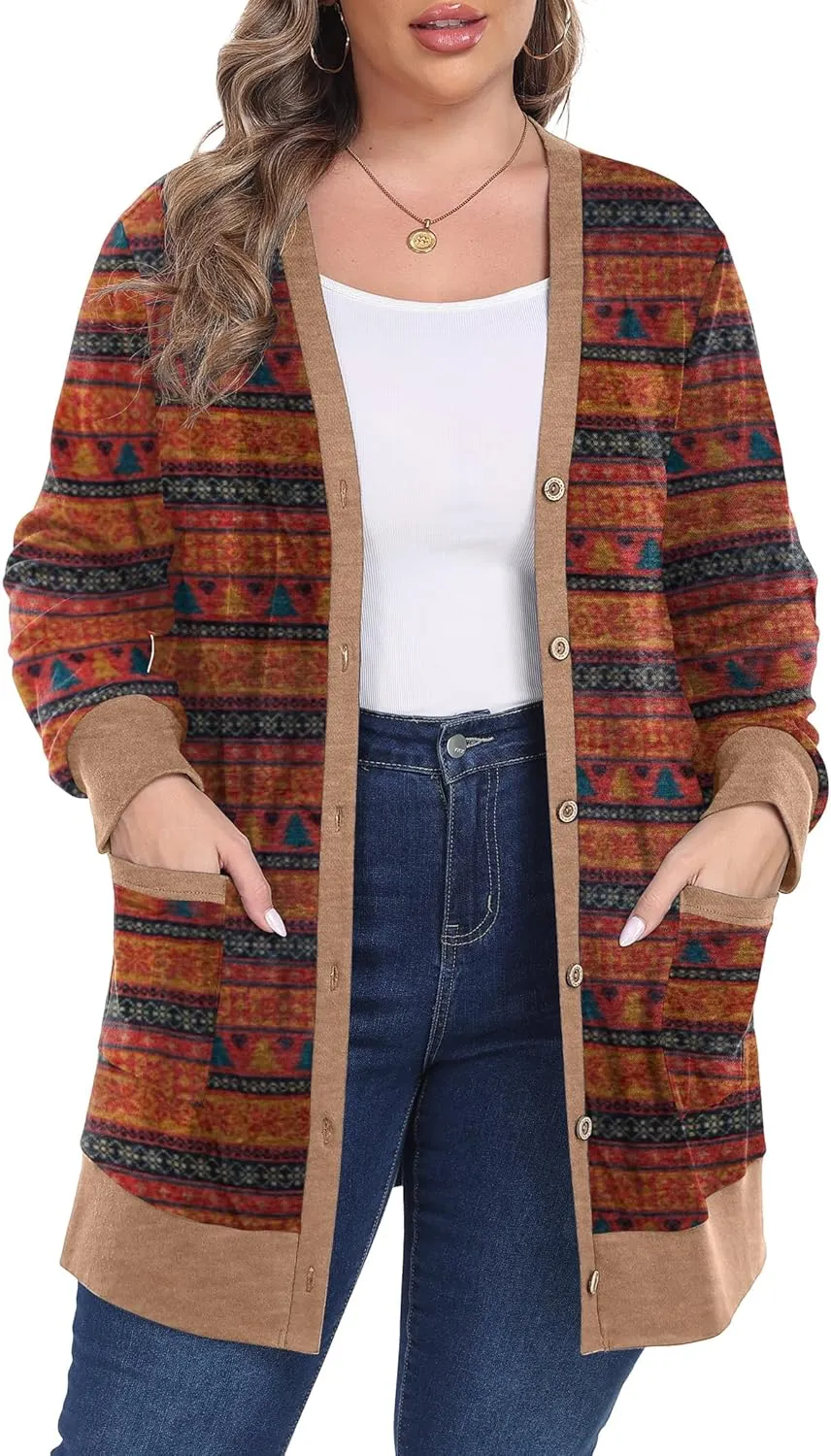 OLRIK Plus Size Sweater for Women Lightweight Long Sleeve Buttons Down Cardigans Casual Jacket Coat with Pockets