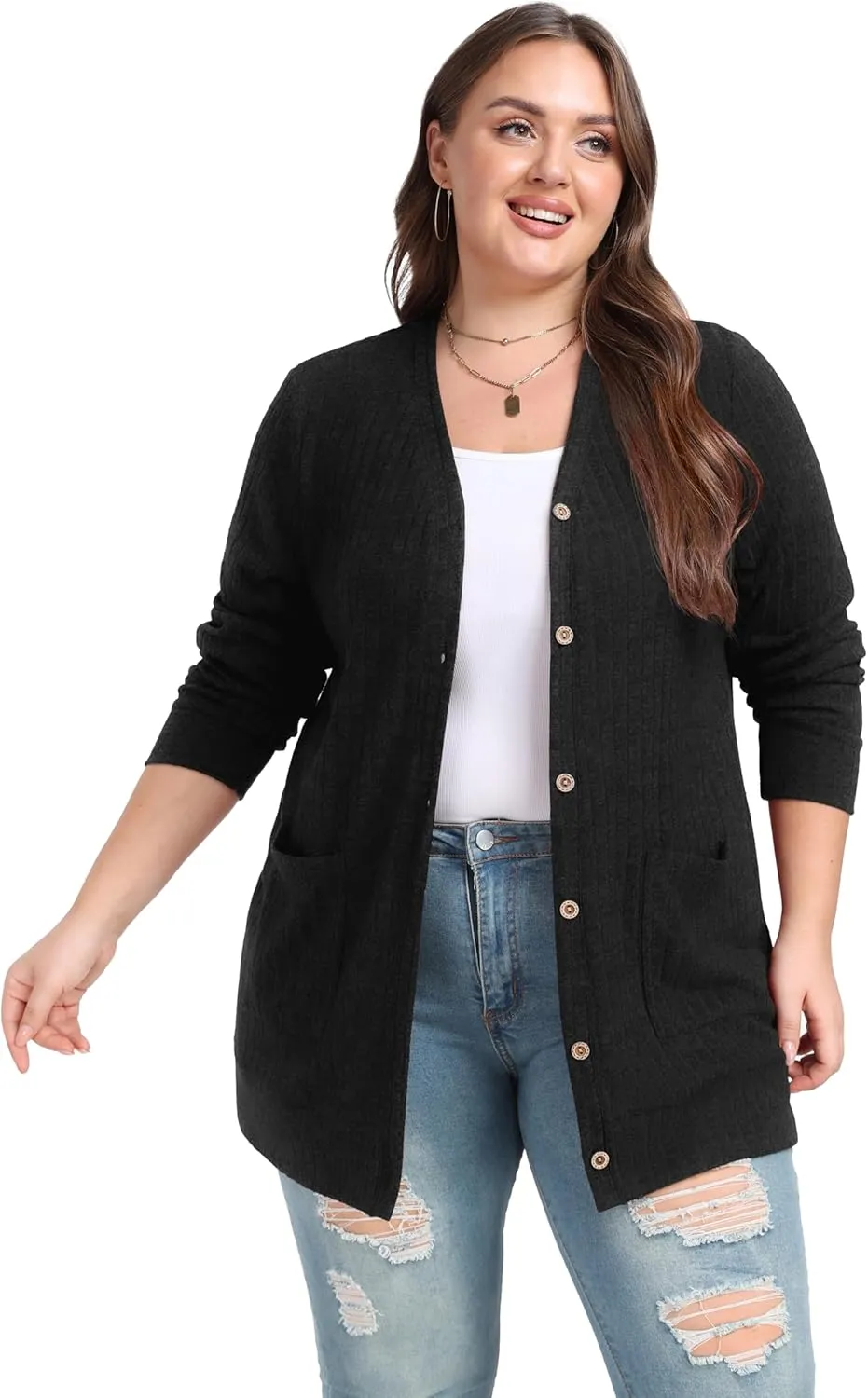 OLRIK Plus Size Sweater for Women Lightweight Long Sleeve Buttons Down Cardigans Casual Jacket Coat with Pockets