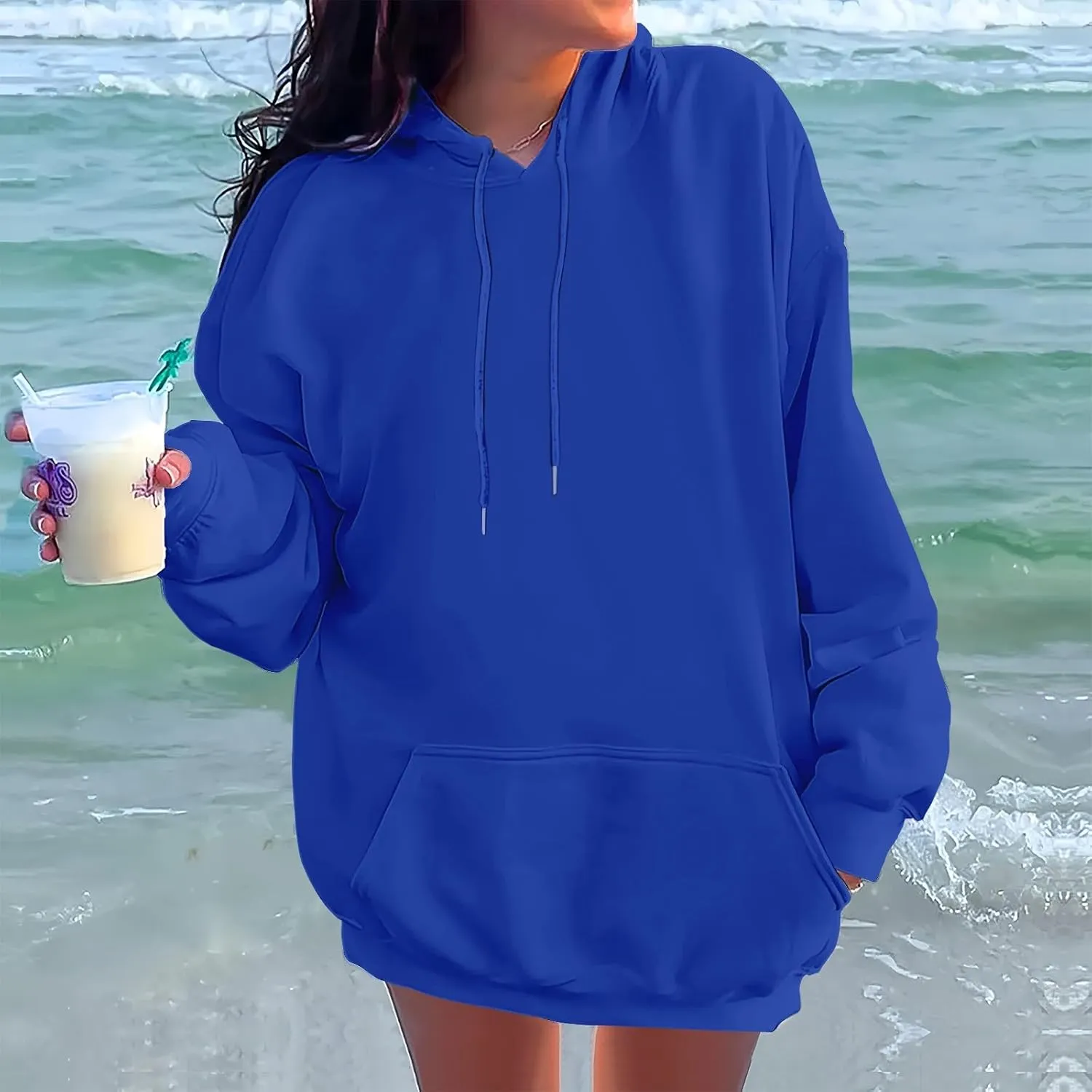 Oversized Hoodies for Women Fleece Plain Hooded Sweatshirts with Pocket Casual Long Sleeve Pullover Sweaters Y2k Tops