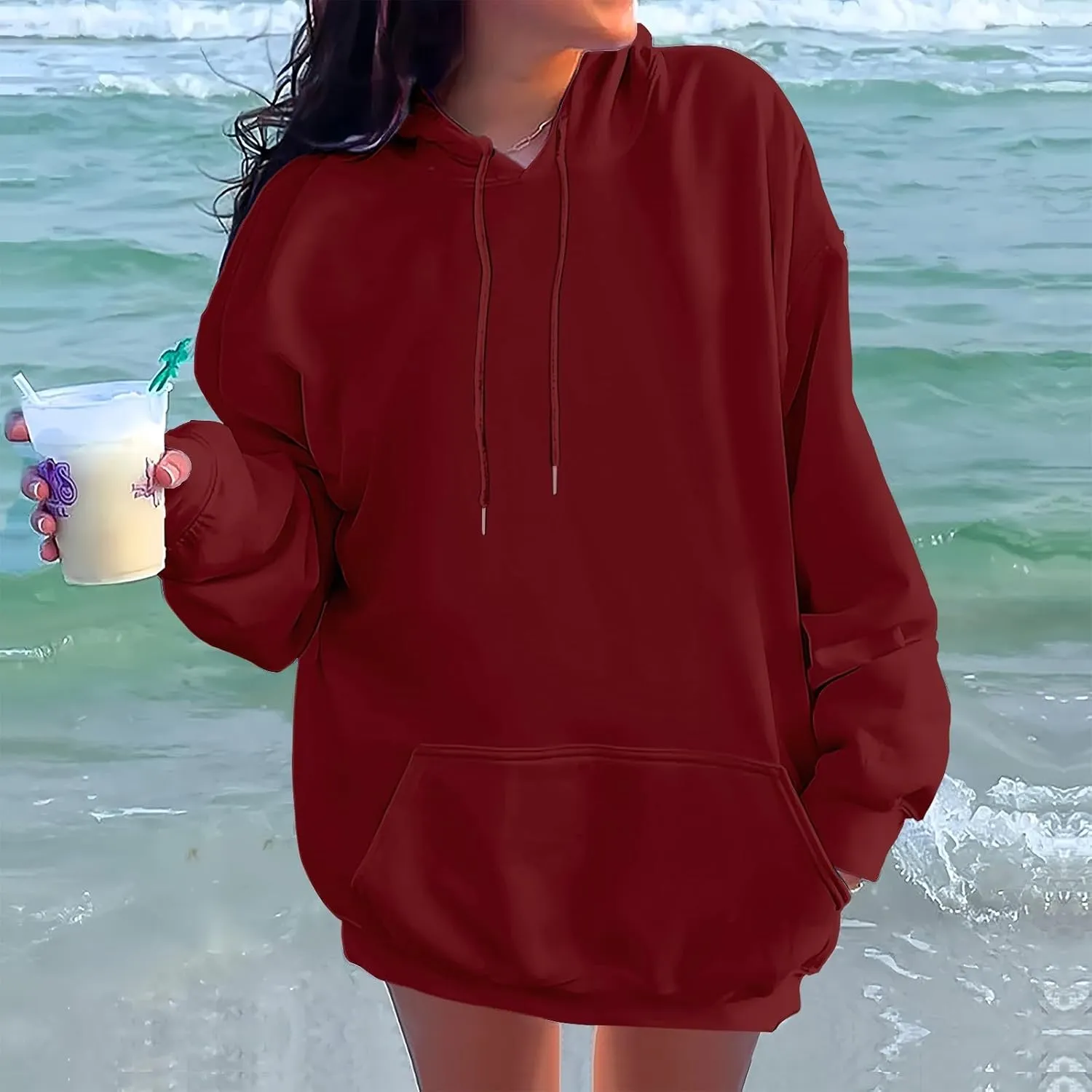 Oversized Hoodies for Women Fleece Plain Hooded Sweatshirts with Pocket Casual Long Sleeve Pullover Sweaters Y2k Tops