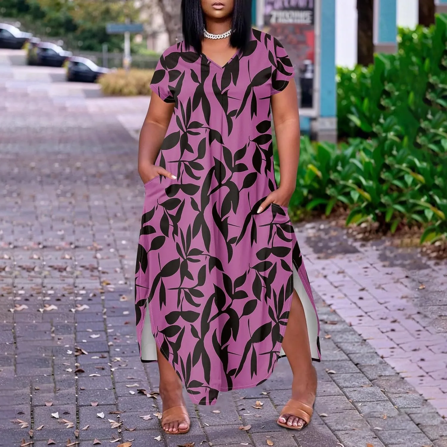 Plus Size Maxi Dress for Curvy Women Summer Casual Floral Print V Neck Pockets Beach Coverup Vacation Loose Sundress
