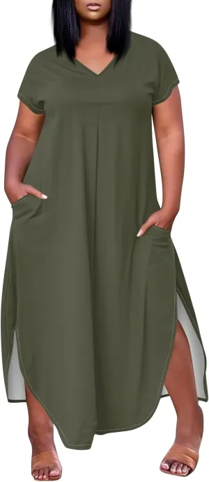 Plus Size Maxi Dress for Curvy Women Summer Casual Floral Print V Neck Pockets Beach Coverup Vacation Loose Sundress
