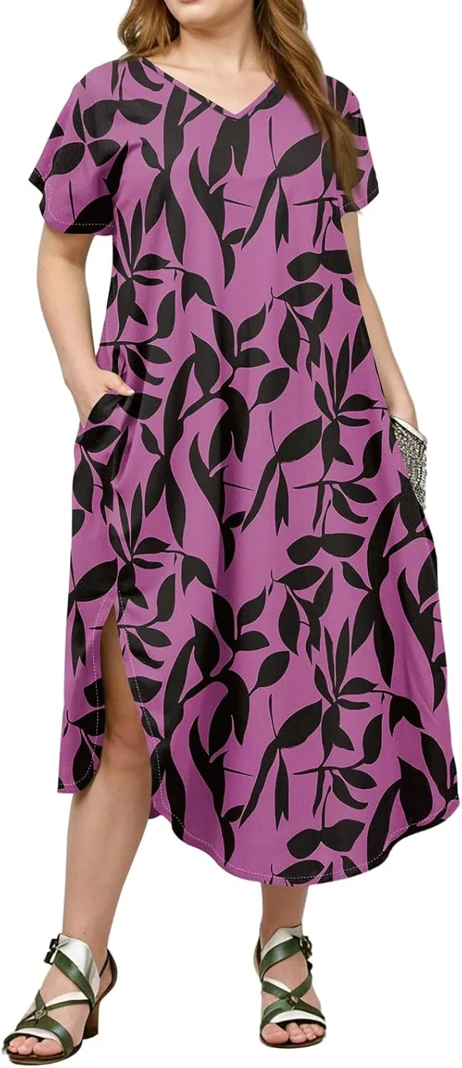 Plus Size Maxi Dress for Curvy Women Summer Casual Floral Print V Neck Pockets Beach Coverup Vacation Loose Sundress
