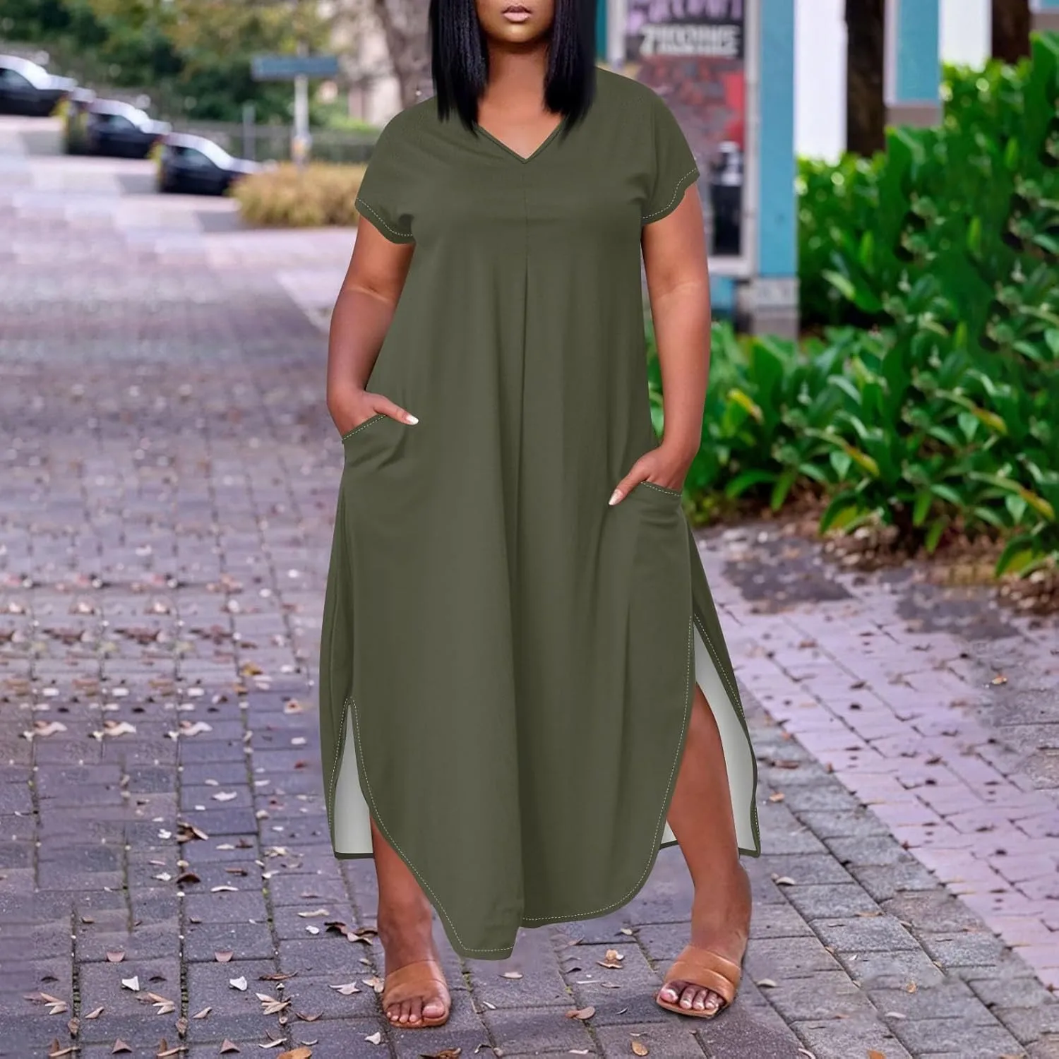 Plus Size Maxi Dress for Curvy Women Summer Casual Floral Print V Neck Pockets Beach Coverup Vacation Loose Sundress