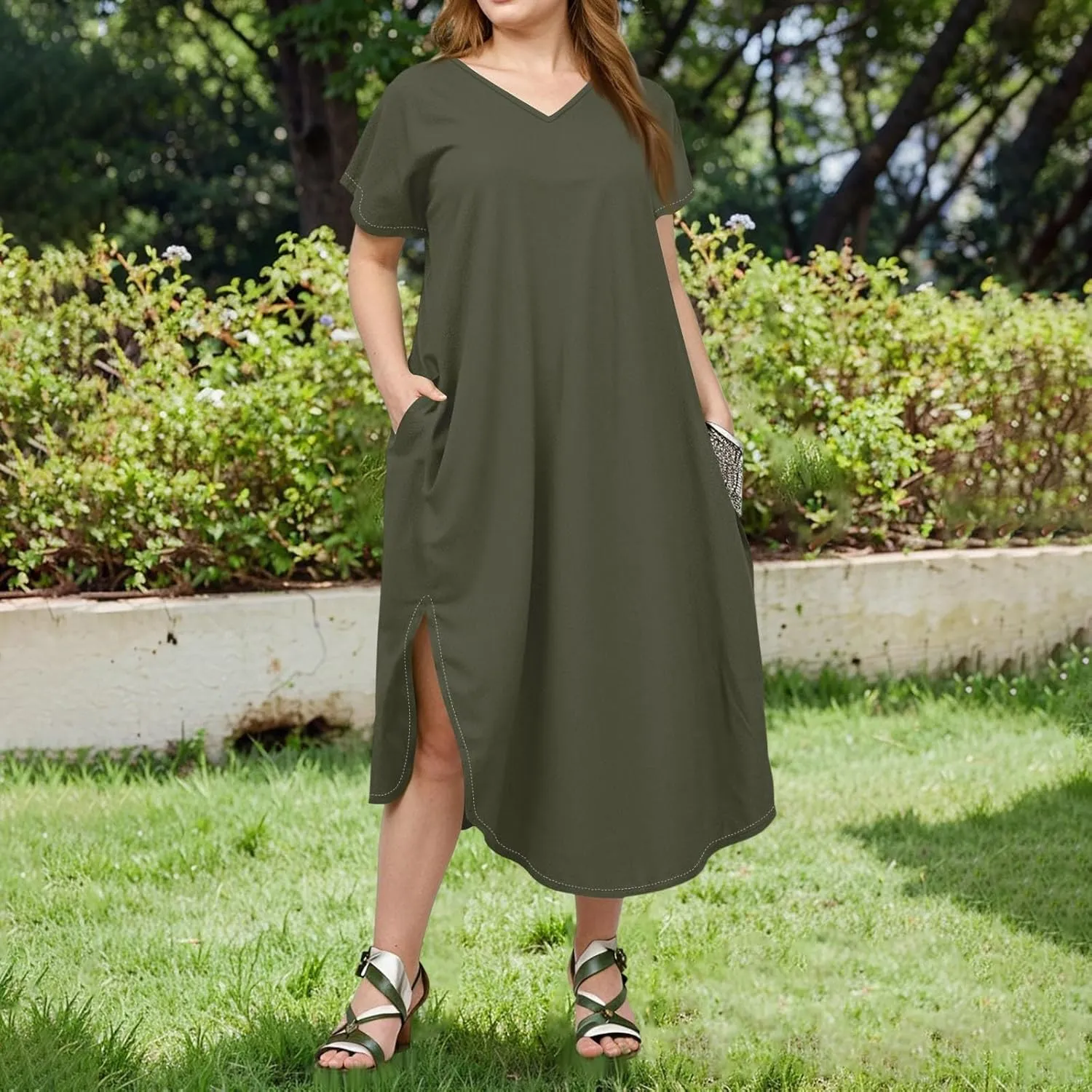 Plus Size Maxi Dress for Curvy Women Summer Casual Floral Print V Neck Pockets Beach Coverup Vacation Loose Sundress