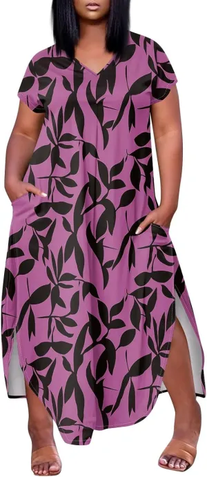 Plus Size Maxi Dress for Curvy Women Summer Casual Floral Print V Neck Pockets Beach Coverup Vacation Loose Sundress