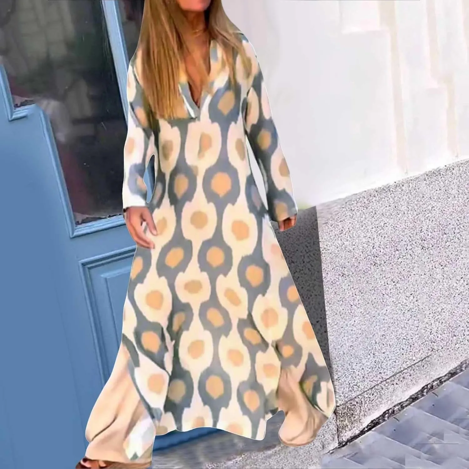 PTOLOCIF Boho Dress for Womens Long Sleeve Pleated V Neck Maxi Dress Plus Size Tiered Dress Casual Loose Flowy Beach Sundress