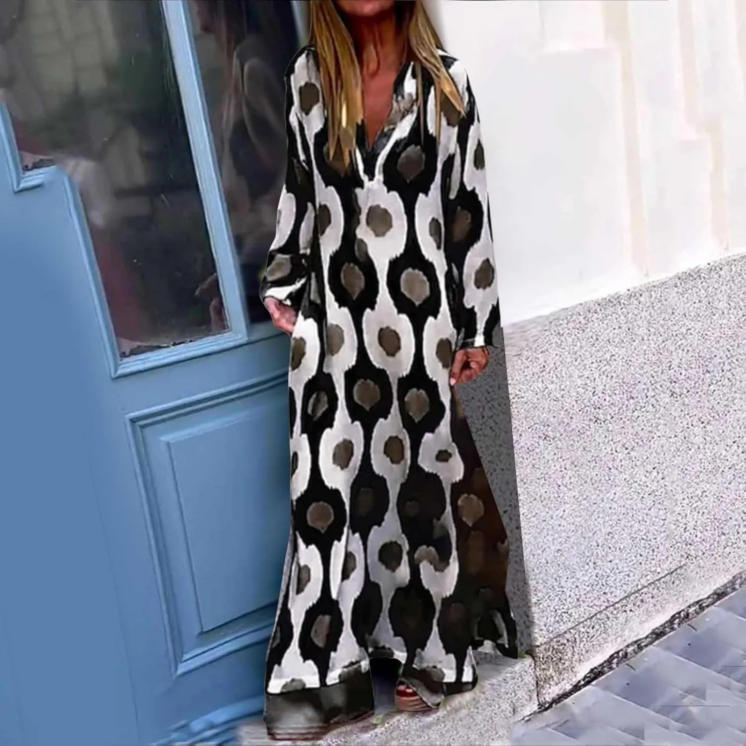 PTOLOCIF Boho Dress for Womens Long Sleeve Pleated V Neck Maxi Dress Plus Size Tiered Dress Casual Loose Flowy Beach Sundress