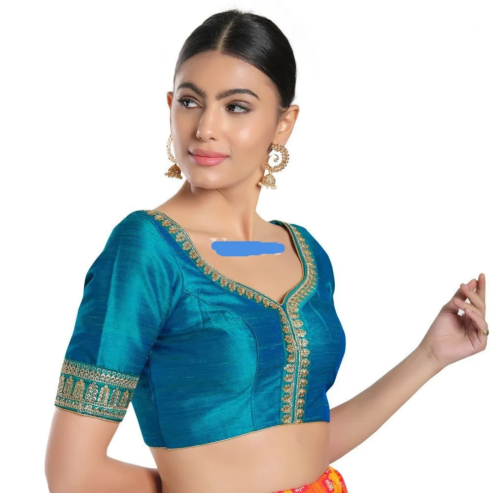 Readymade Mulbury Silk Padded Back Open Elbow Sleeves Rama Green Saree Blouse