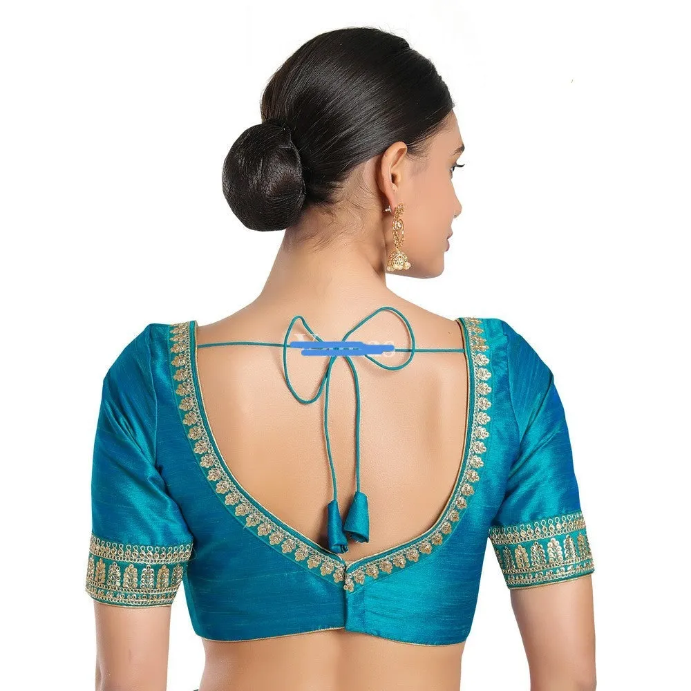 Readymade Mulbury Silk Padded Back Open Elbow Sleeves Rama Green Saree Blouse