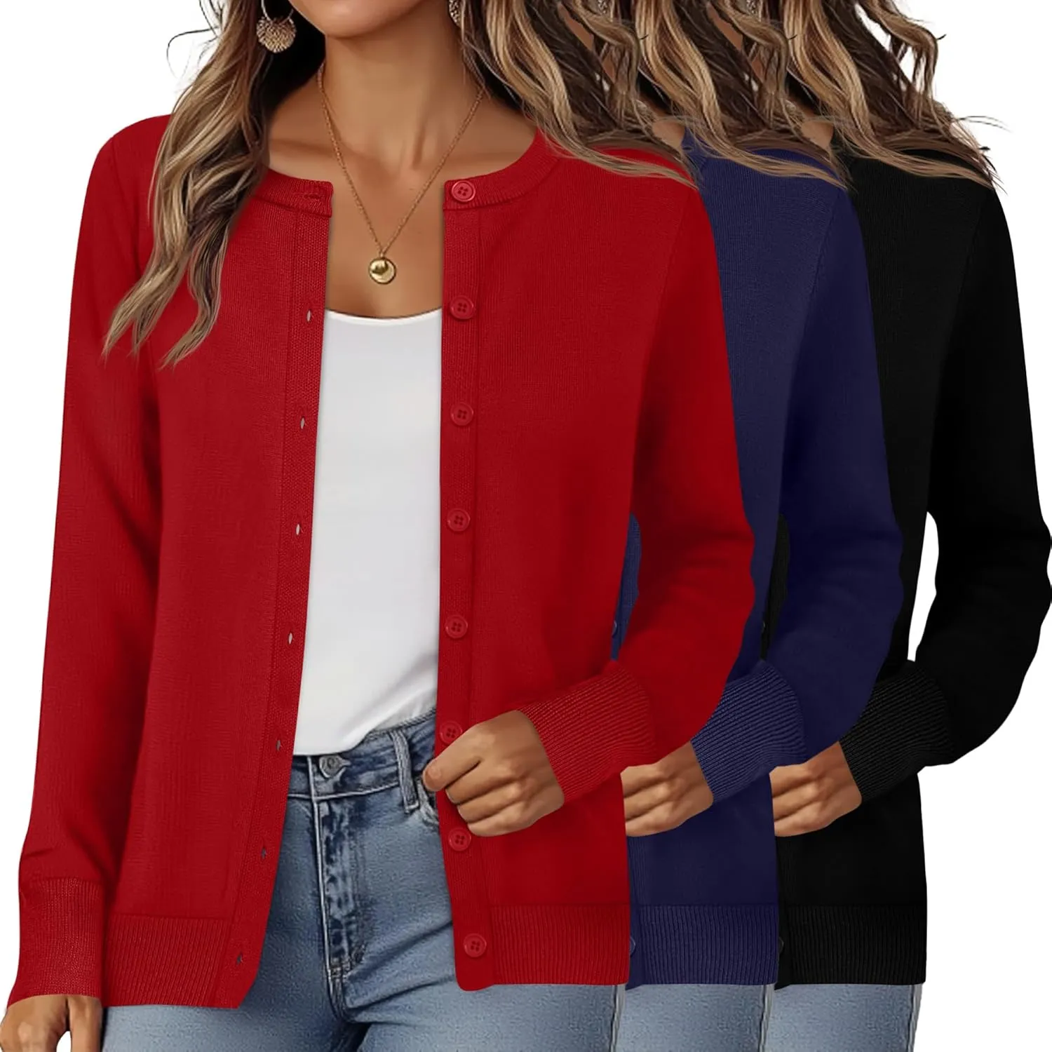 Riyiper 3 Pack Women's Lightweight Cardigans, Long Sleeve Crewneck Knit Cardigan Sweaters Casual Button Down Stretch Tops