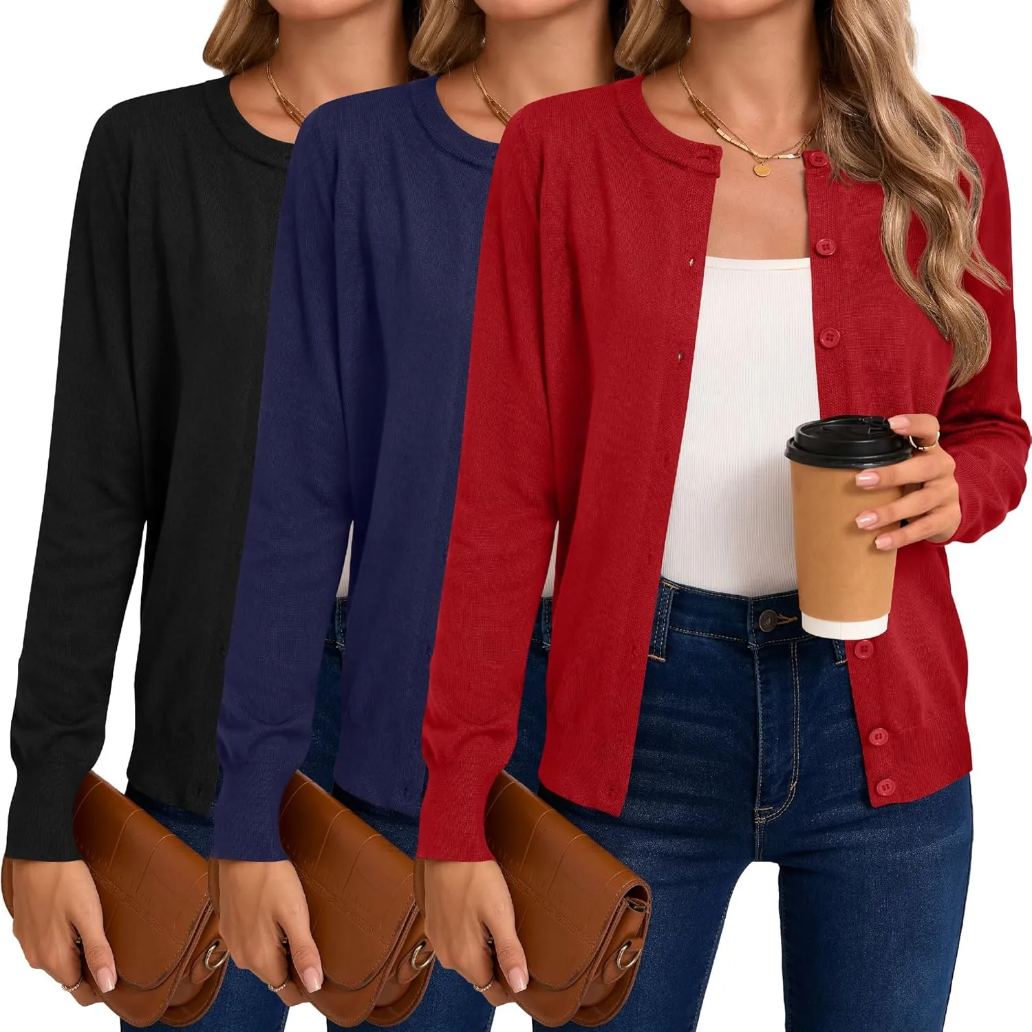 Riyiper 3 Pack Women's Lightweight Cardigans, Long Sleeve Crewneck Knit Cardigan Sweaters Casual Button Down Stretch Tops