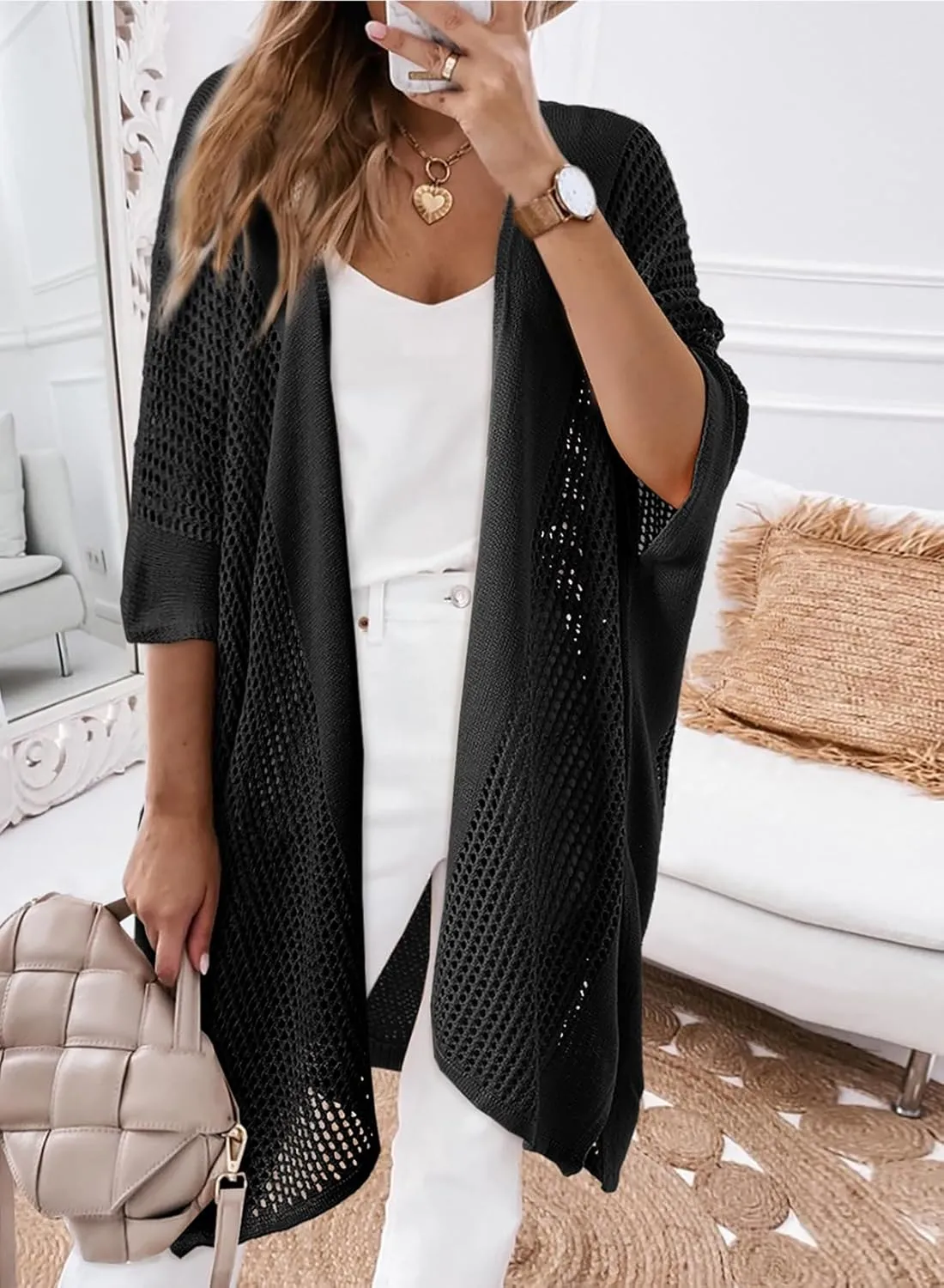 SHEWIN Cardigan Sweaters for Women 3/4 Sleeve Open Front Cover Up Crochet Lightweight Summer Cardigans Sweater