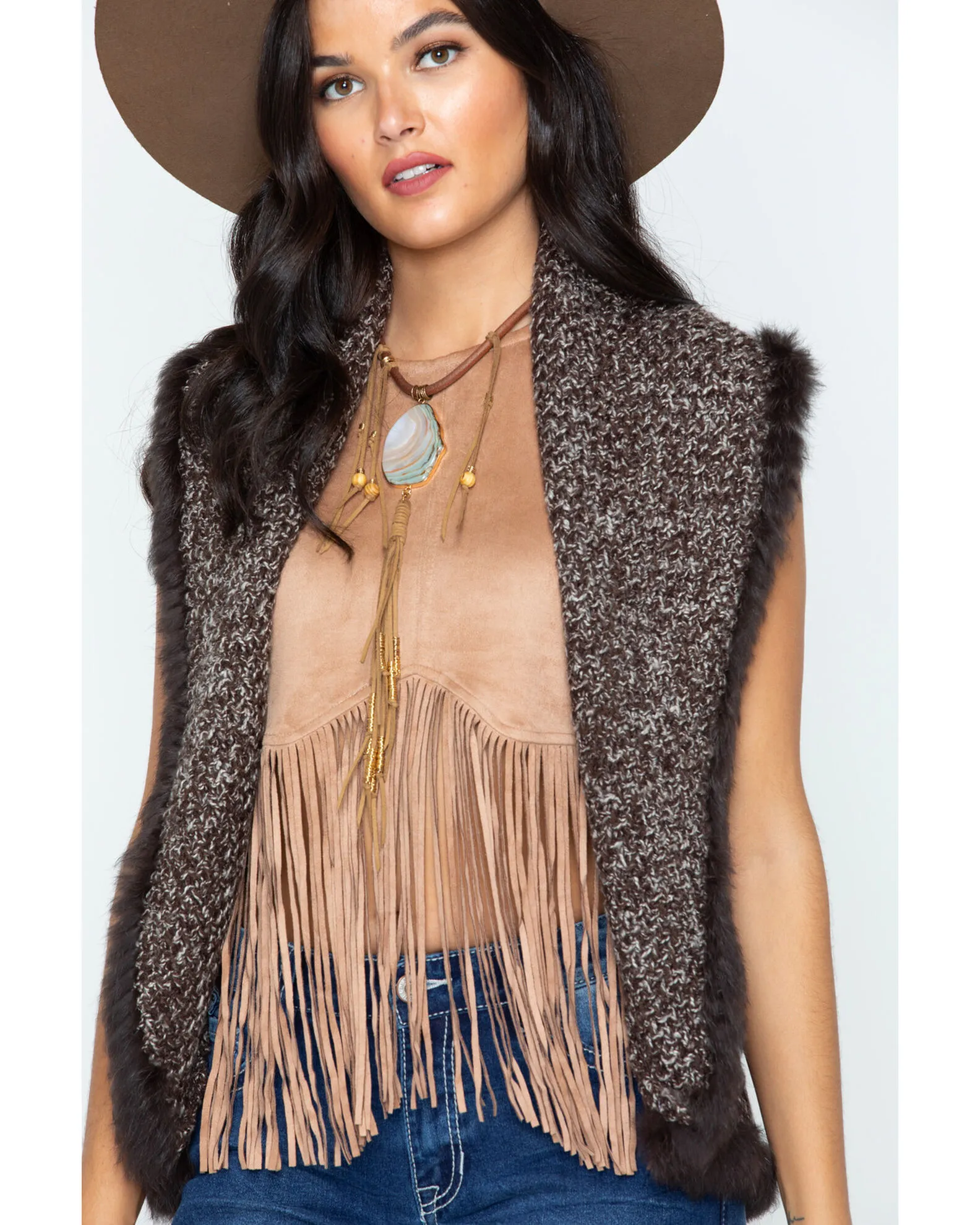 Sidra Cripple Creek Women's Crochet Knit Rabbit Fur Trim Vest