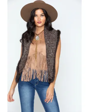 Sidra Cripple Creek Women's Crochet Knit Rabbit Fur Trim Vest