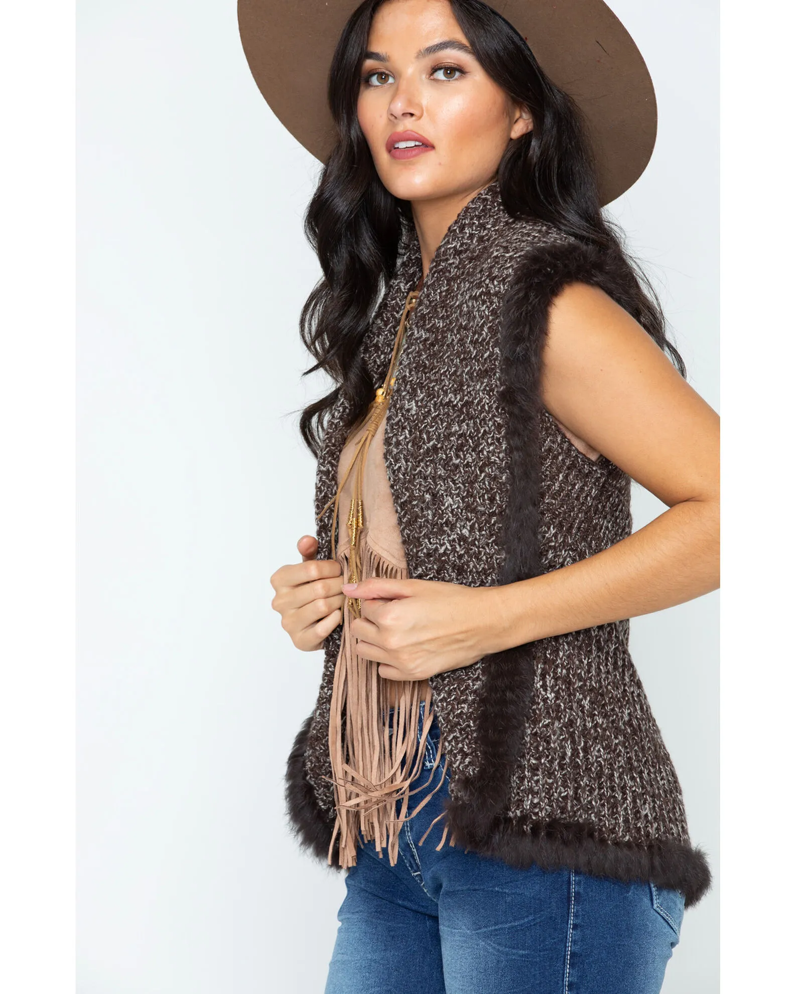 Sidra Cripple Creek Women's Crochet Knit Rabbit Fur Trim Vest
