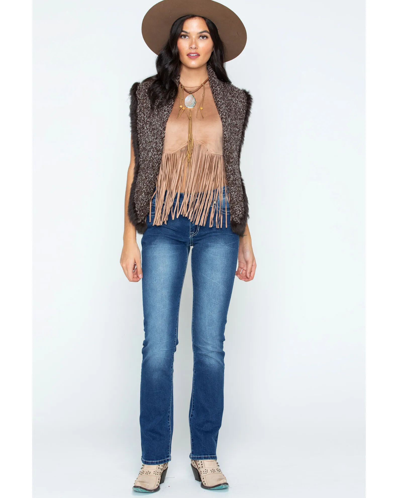 Sidra Cripple Creek Women's Crochet Knit Rabbit Fur Trim Vest