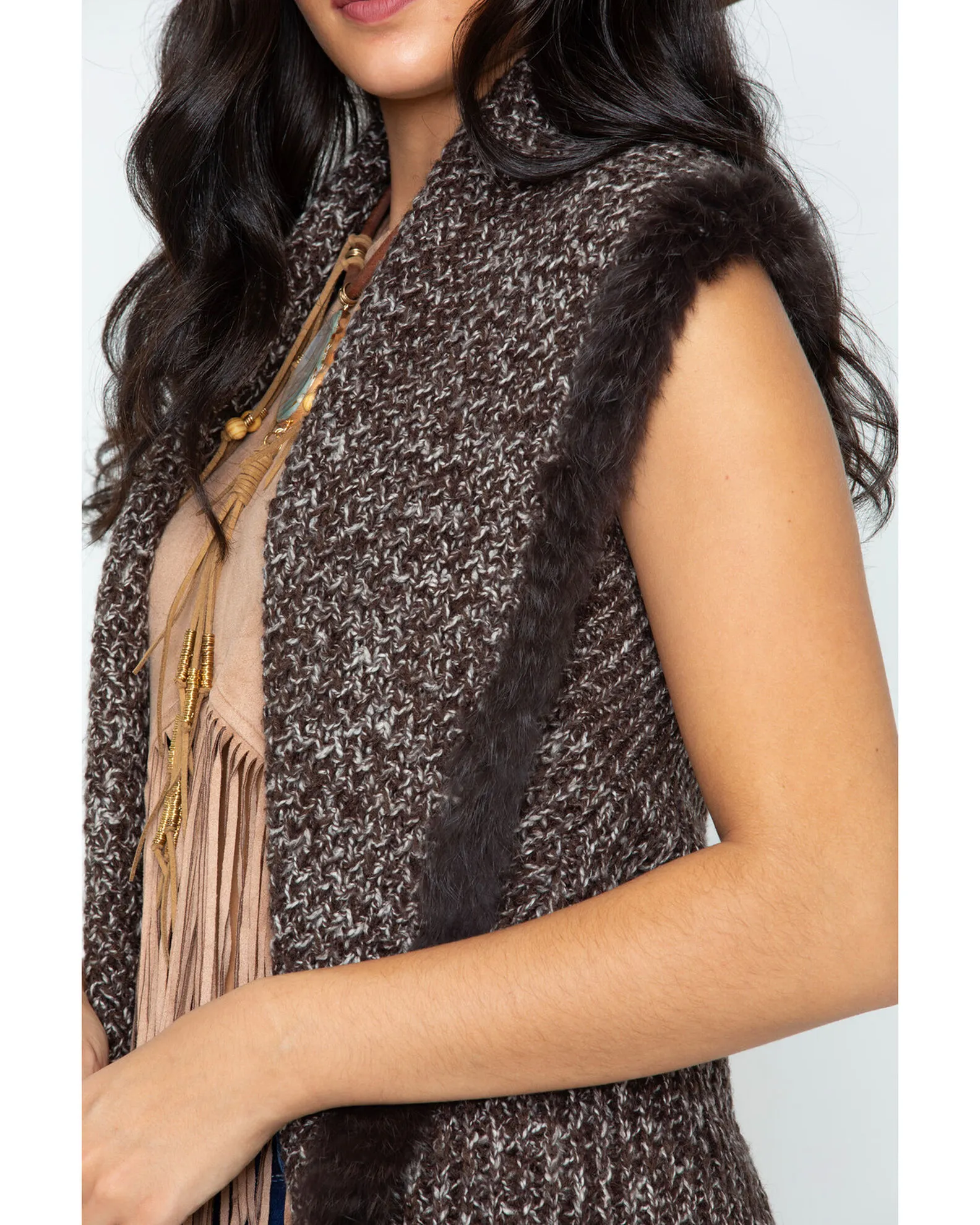 Sidra Cripple Creek Women's Crochet Knit Rabbit Fur Trim Vest