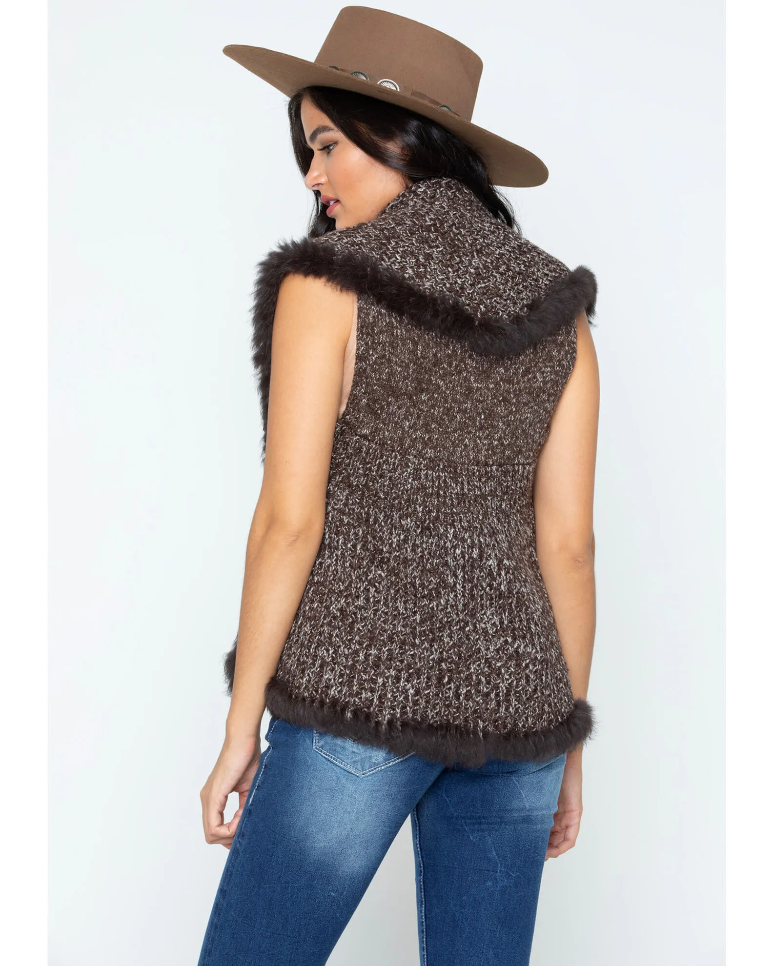 Sidra Cripple Creek Women's Crochet Knit Rabbit Fur Trim Vest