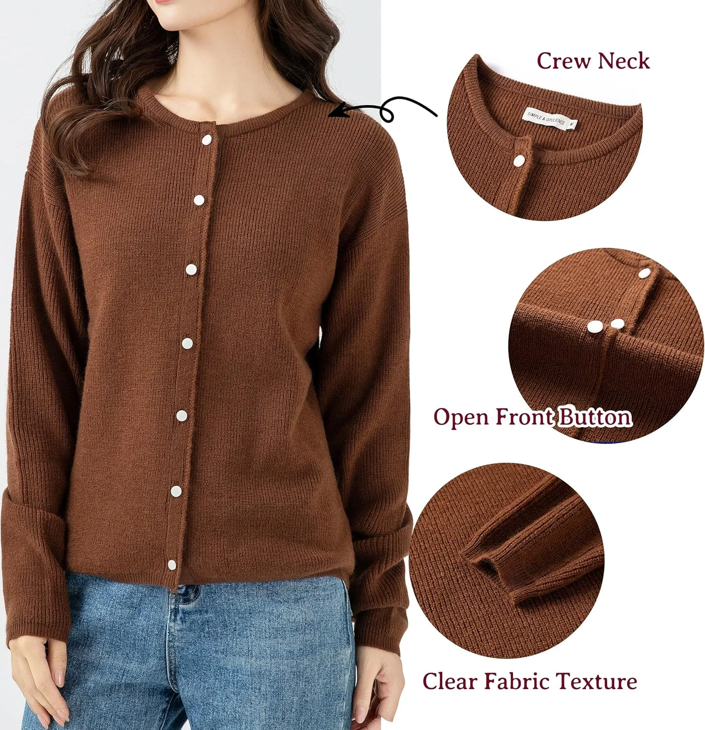 Simple&Opulence Womens Cardigan Button Down Crew Neck Sweater Open Front Long Sleeve Lightweight Knitted Sweaters