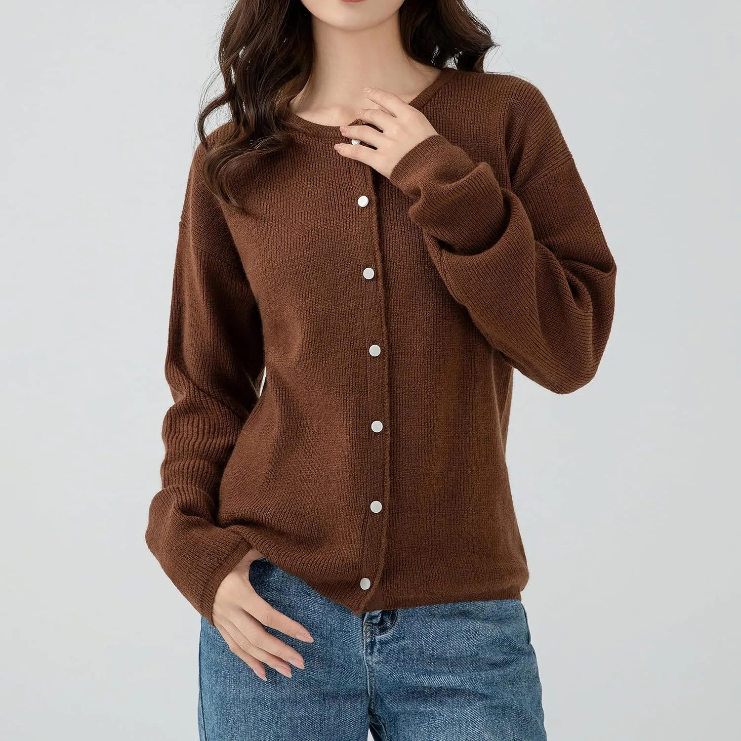 Simple&Opulence Womens Cardigan Button Down Crew Neck Sweater Open Front Long Sleeve Lightweight Knitted Sweaters