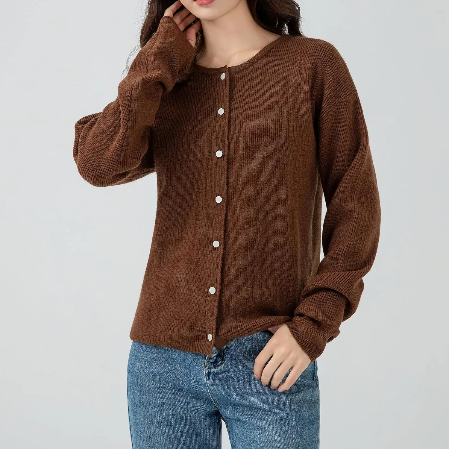 Simple&Opulence Womens Cardigan Button Down Crew Neck Sweater Open Front Long Sleeve Lightweight Knitted Sweaters