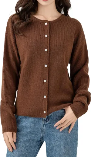 Simple&Opulence Womens Cardigan Button Down Crew Neck Sweater Open Front Long Sleeve Lightweight Knitted Sweaters