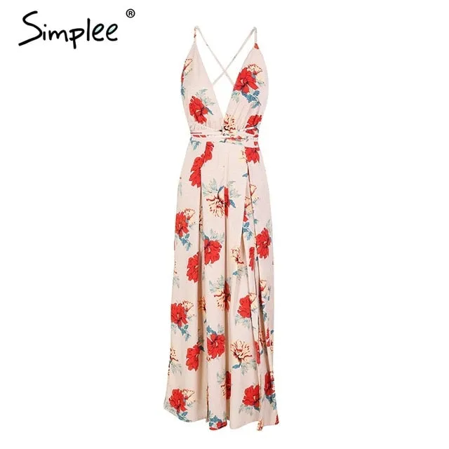Simplee Sexy v neck backless print jumpsuit romper women