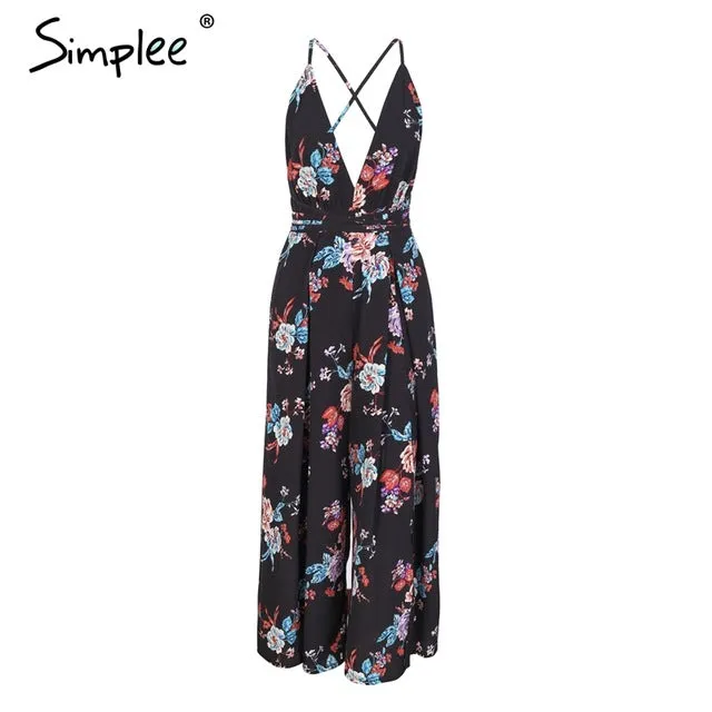 Simplee Sexy v neck backless print jumpsuit romper women