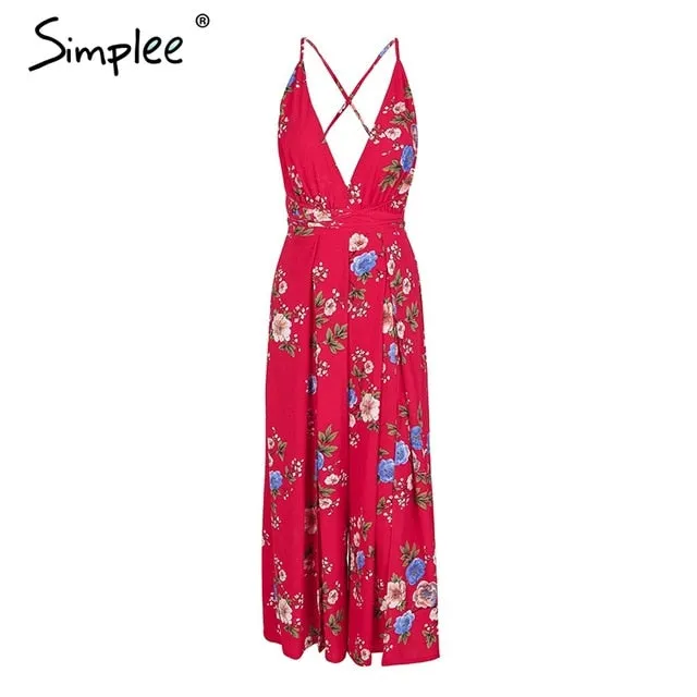 Simplee Sexy v neck backless print jumpsuit romper women