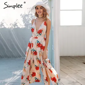 Simplee Sexy v neck backless print jumpsuit romper women