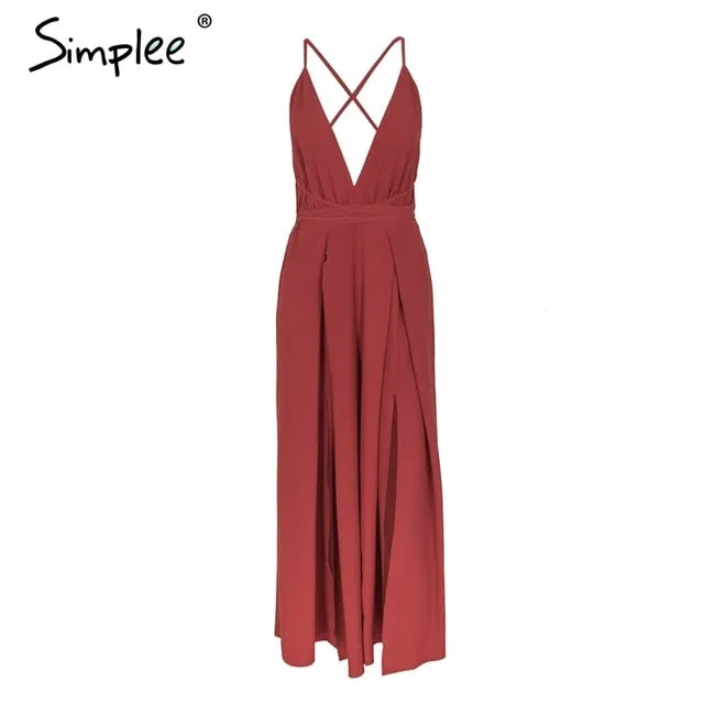 Simplee Sexy v neck backless print jumpsuit romper women