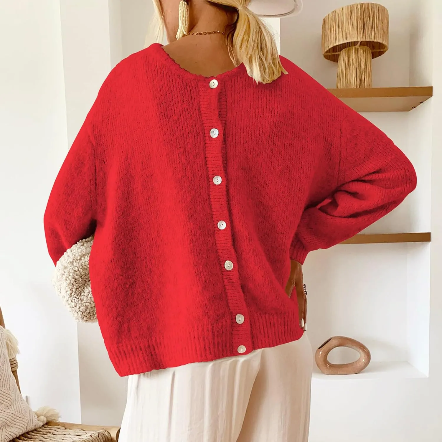 ThCreasa Womens Open Front Cardigan Sweaters Button Down Long Sleeve Casual Crew Neck Solid Knit Cardigans Outerwear