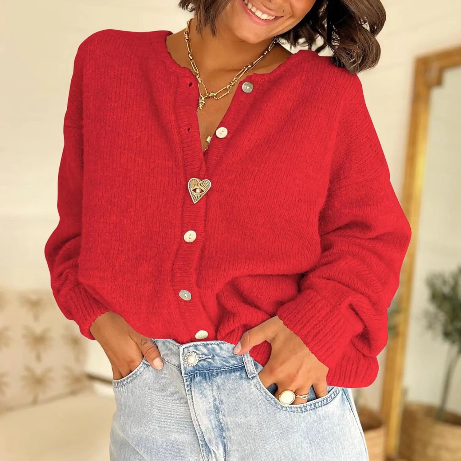 ThCreasa Womens Open Front Cardigan Sweaters Button Down Long Sleeve Casual Crew Neck Solid Knit Cardigans Outerwear