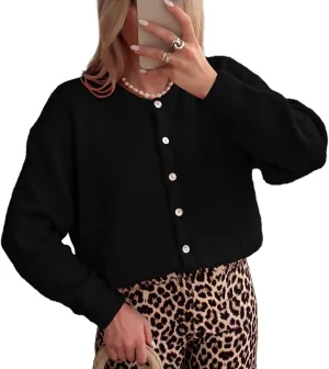 ThCreasa Womens Open Front Cardigan Sweaters Button Down Long Sleeve Casual Crew Neck Solid Knit Cardigans Outerwear