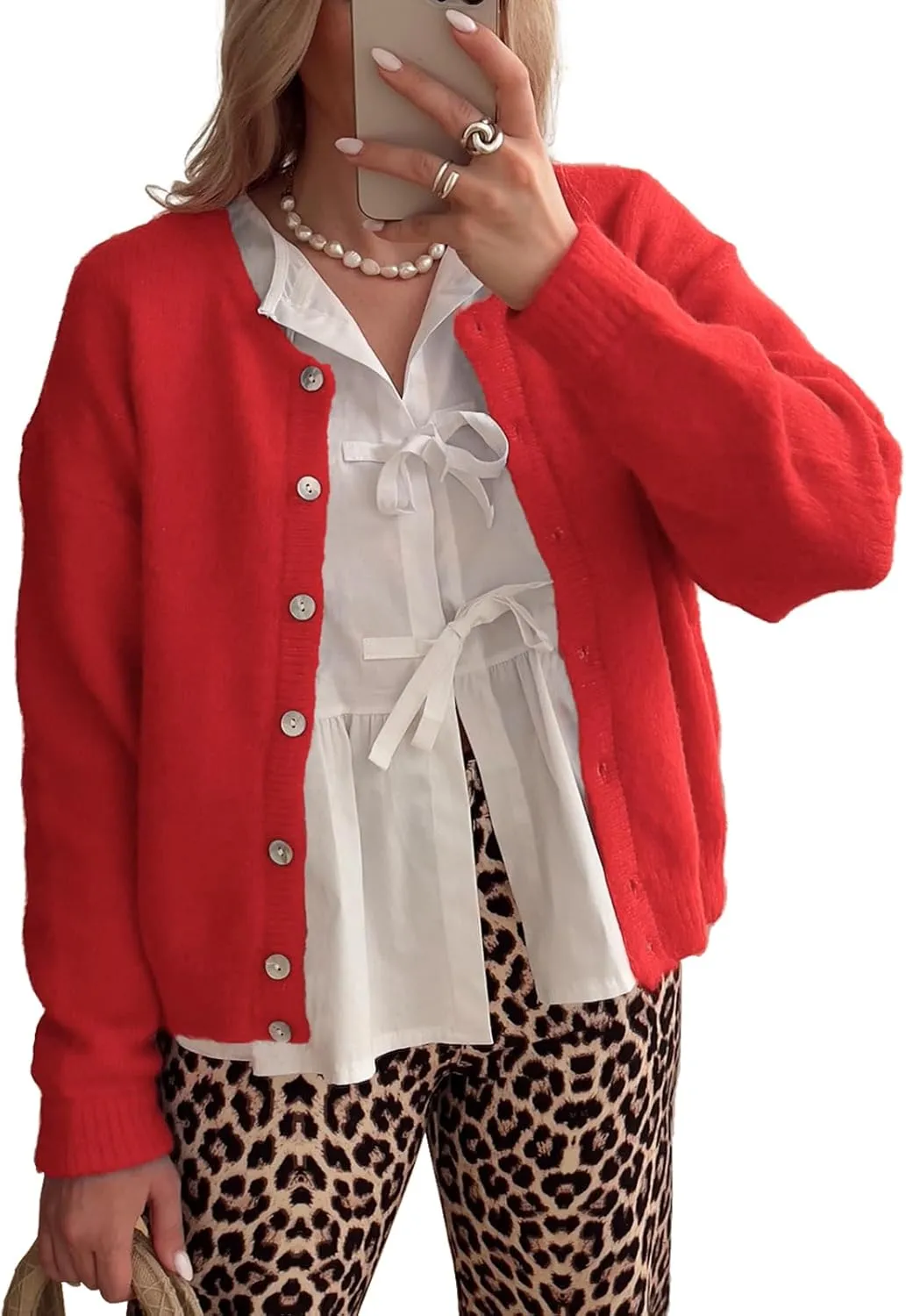 ThCreasa Womens Open Front Cardigan Sweaters Button Down Long Sleeve Casual Crew Neck Solid Knit Cardigans Outerwear