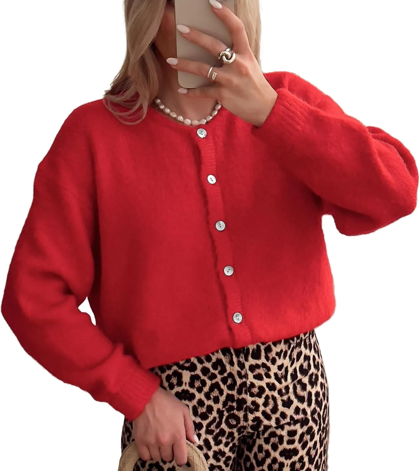 ThCreasa Womens Open Front Cardigan Sweaters Button Down Long Sleeve Casual Crew Neck Solid Knit Cardigans Outerwear