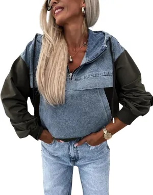 utcoco Womens Denim Patchwork 1/4 Zip Hoodies 2024 Fall Fashion Oversized Long Sleeve Sweatshirt Pullover Tops