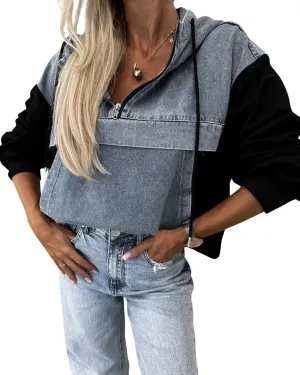 utcoco Womens Denim Patchwork 1/4 Zip Hoodies 2024 Fall Fashion Oversized Long Sleeve Sweatshirt Pullover Tops