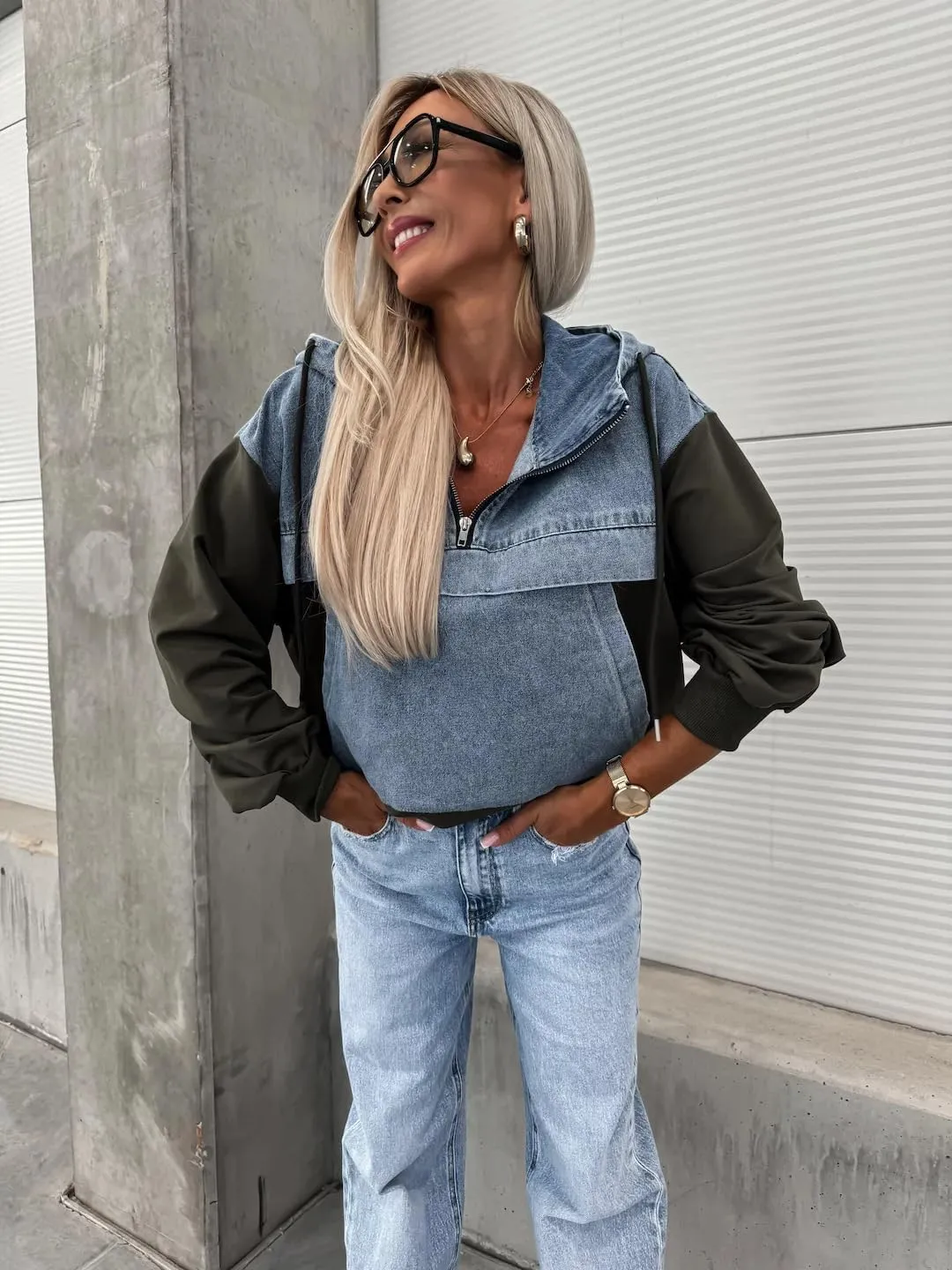 utcoco Womens Denim Patchwork 1/4 Zip Hoodies 2024 Fall Fashion Oversized Long Sleeve Sweatshirt Pullover Tops