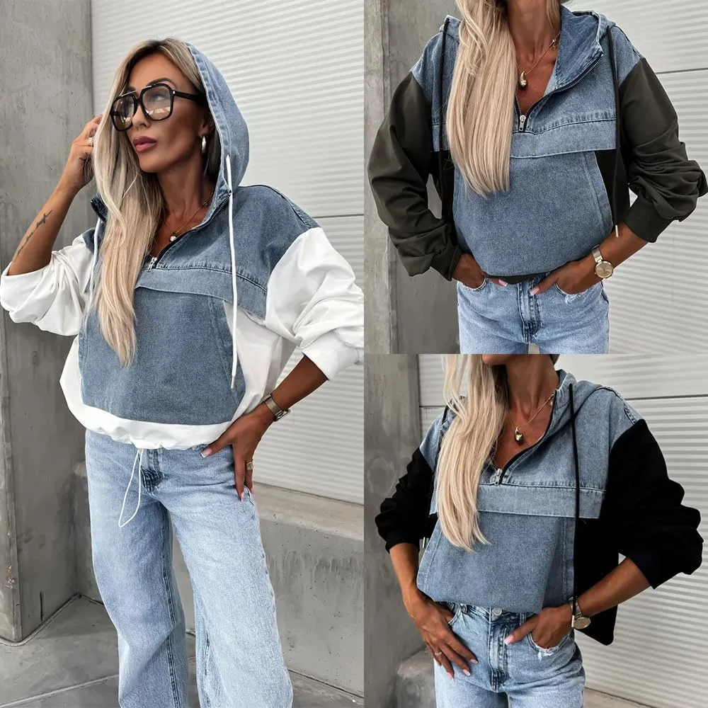 utcoco Womens Denim Patchwork 1/4 Zip Hoodies 2024 Fall Fashion Oversized Long Sleeve Sweatshirt Pullover Tops