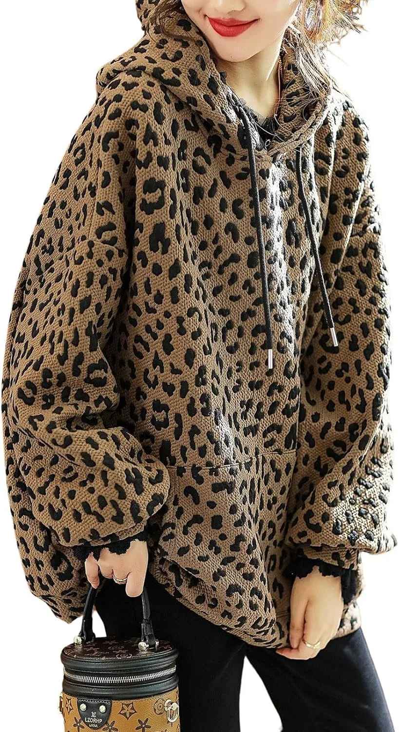 utcoco Womens Oversized Hoodies Leopard Print Sweatshirts Long Sleeve Sweaters Pullover 2024 Fall Outfits