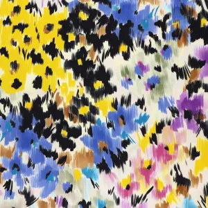 Viscose Satin - Abstract Flower Meadow - Purple   Yellow