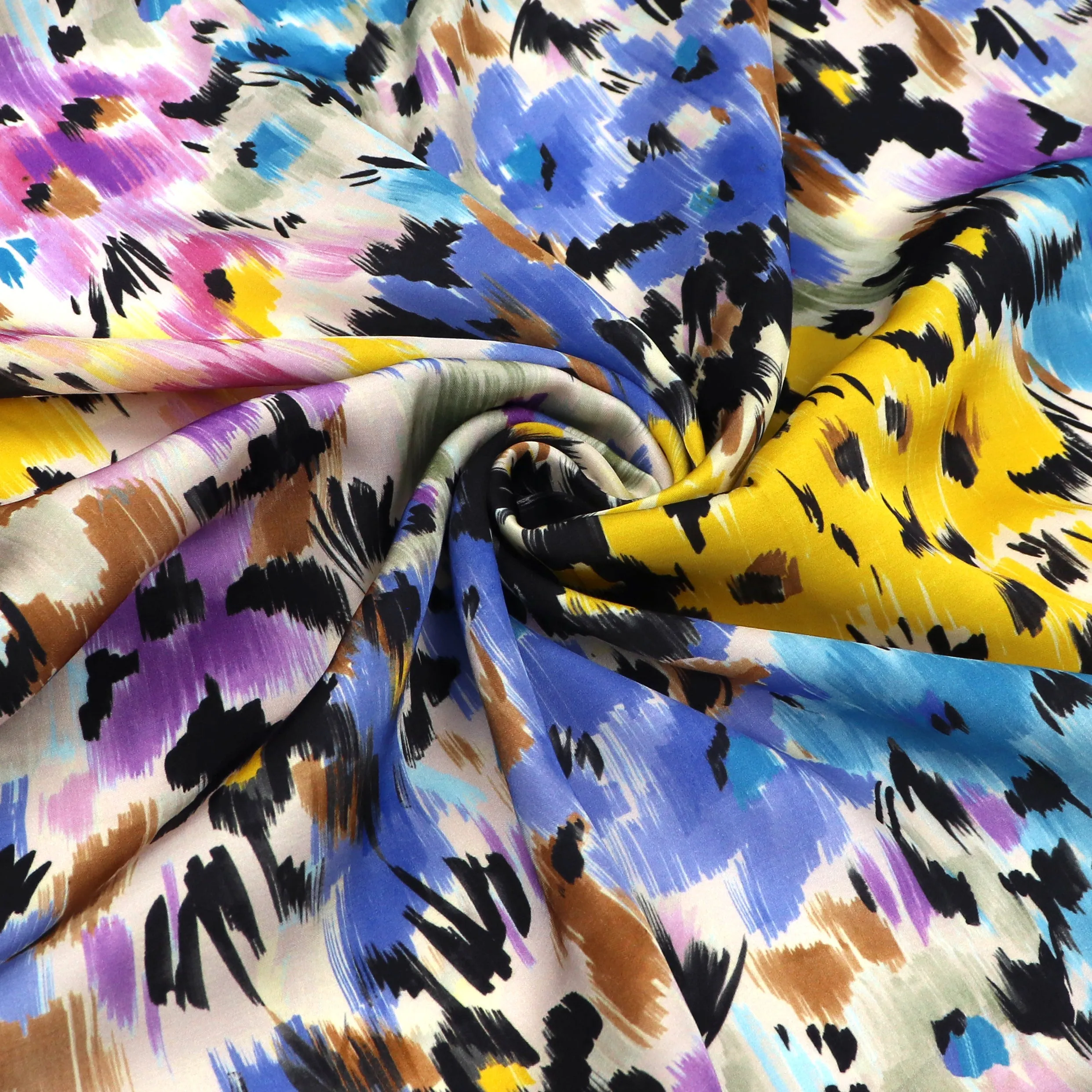 Viscose Satin - Abstract Flower Meadow - Purple   Yellow