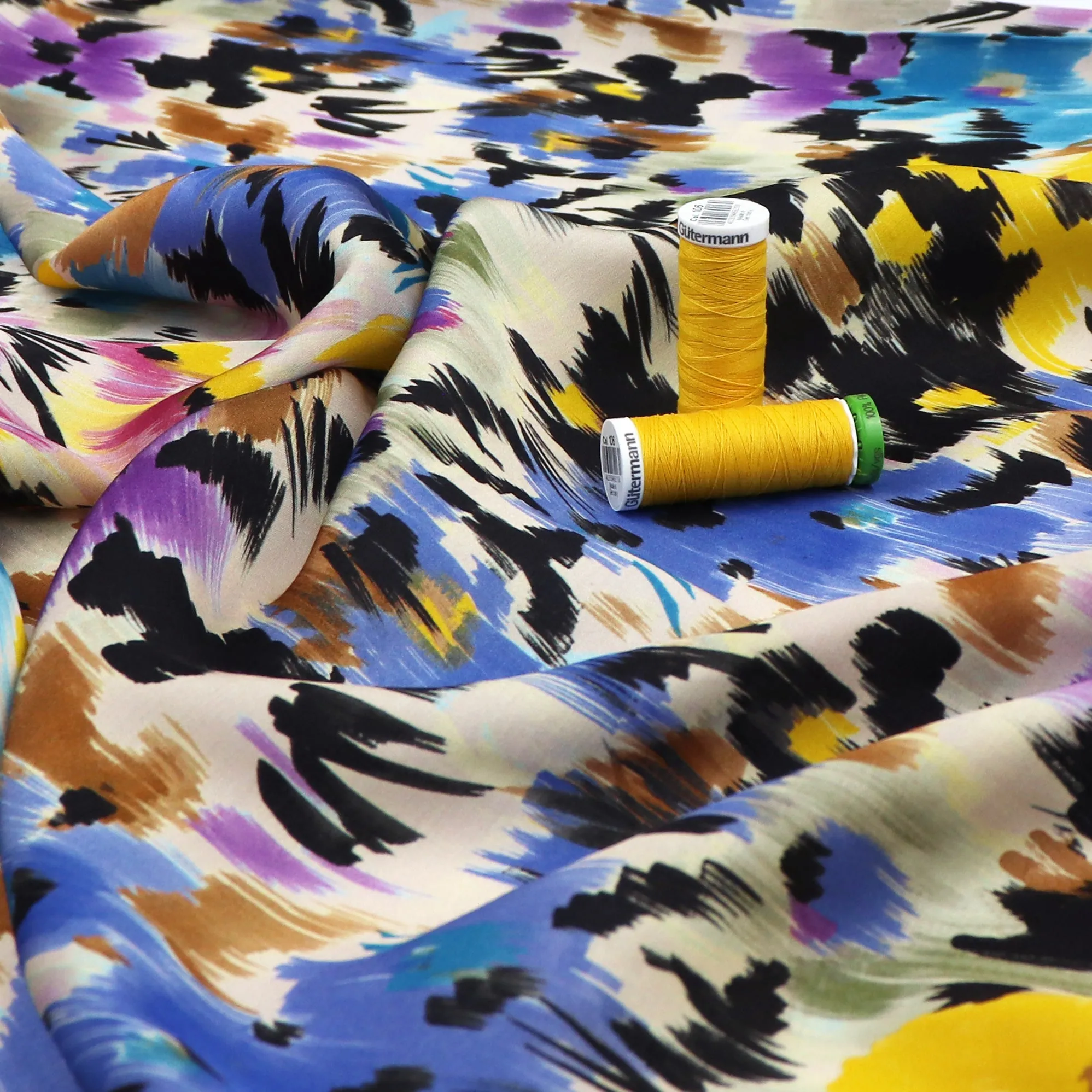 Viscose Satin - Abstract Flower Meadow - Purple   Yellow