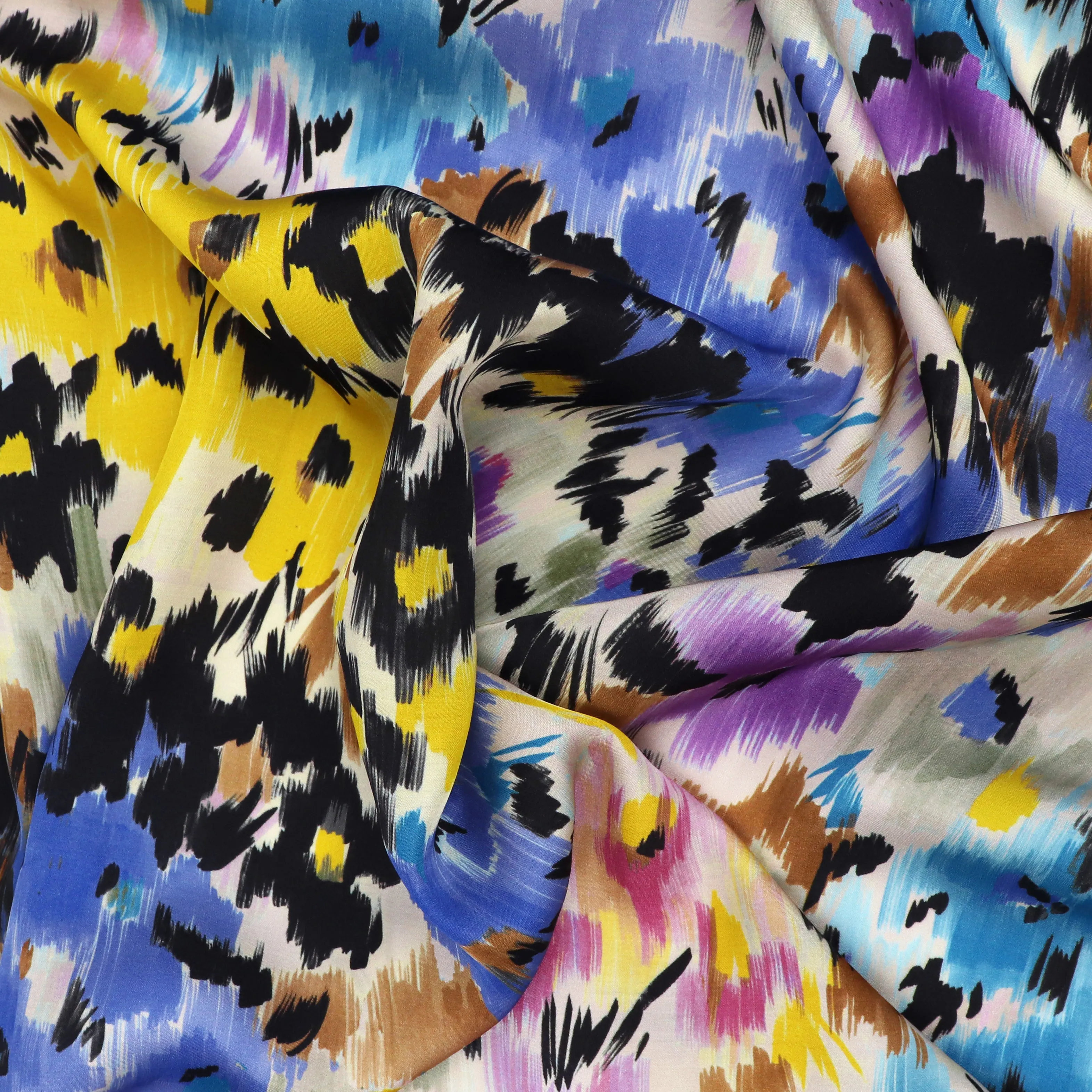 Viscose Satin - Abstract Flower Meadow - Purple   Yellow