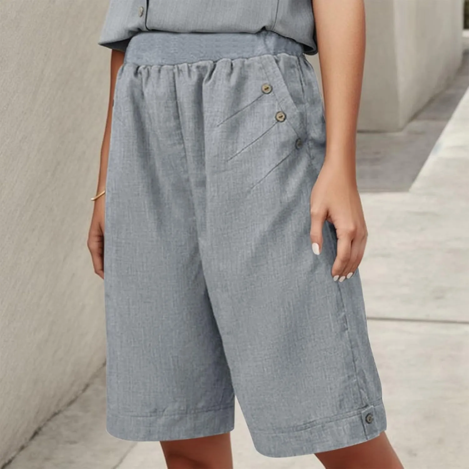 Womens 2024 Summer Casual Shorts Cotton and Linen Wide Leg Athletic Shorts Solid Buttons Sweat Cycling Short Pants 2024