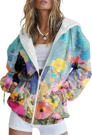 Women's Butterfly Graphic Hoodies Oversized Zip Up Sweatshirts Long Sleeve Fall Vintage Novelty Hoodies with Pockets